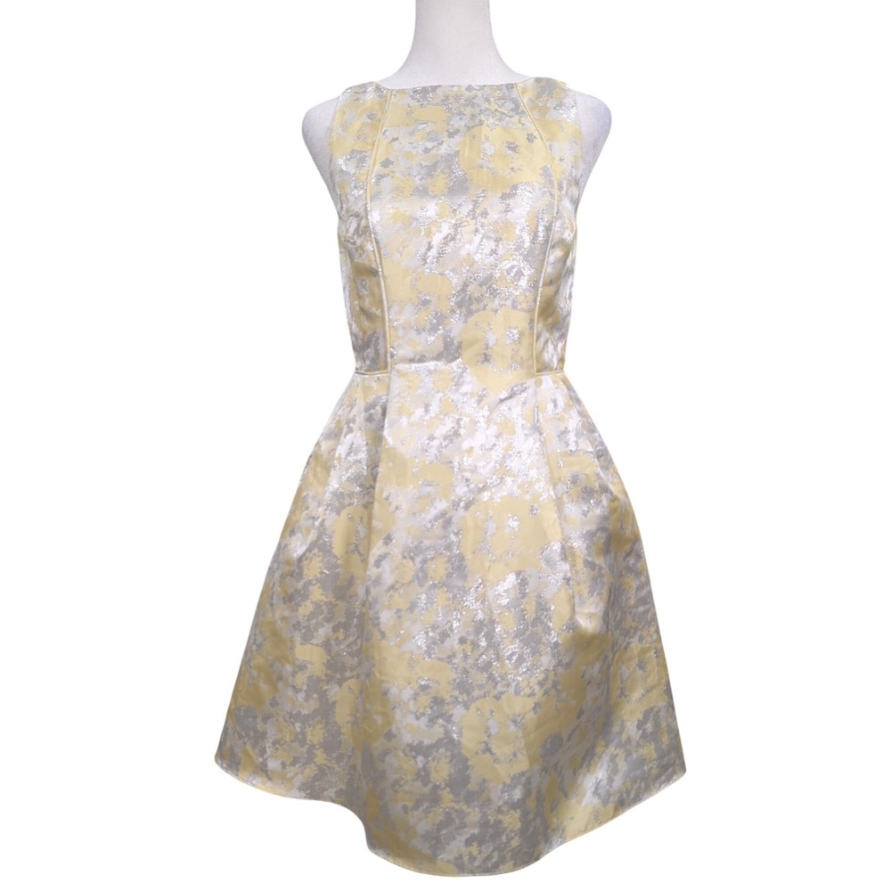 Aidan Mattox Yellow Silver Floral Jacquard Fit Flare Mini Dress Wedding Guest 4‎